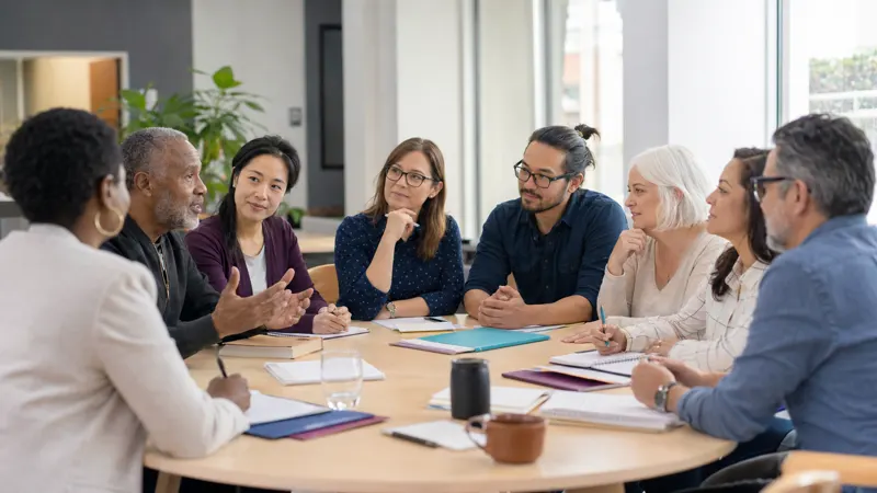 A diverse group of educators talks around a table covered with notebooks and folders.